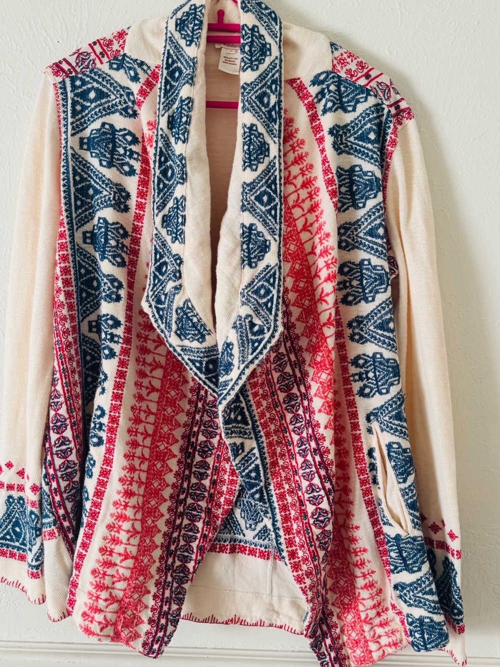 Sundance Catalog Western Cream Cardigan with Red & Blue Fair Isle Motif